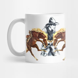 Wild West Rodeo Cowboy is armed and has horses neighing Mug